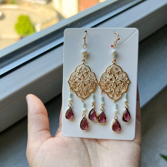 Garnet Wine Red Mint Freshwater Pearl Casual Fun Mint Tassel Chandelier Earrings - Picture 2 of 4